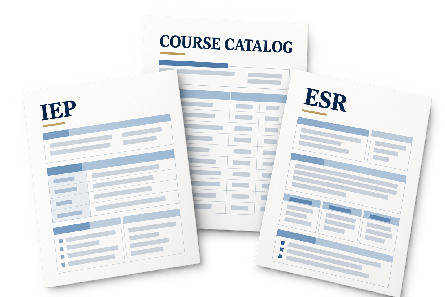 Illustration of IEP, course catalog, and ESR documents with identifying information obscured for confidentiality.
