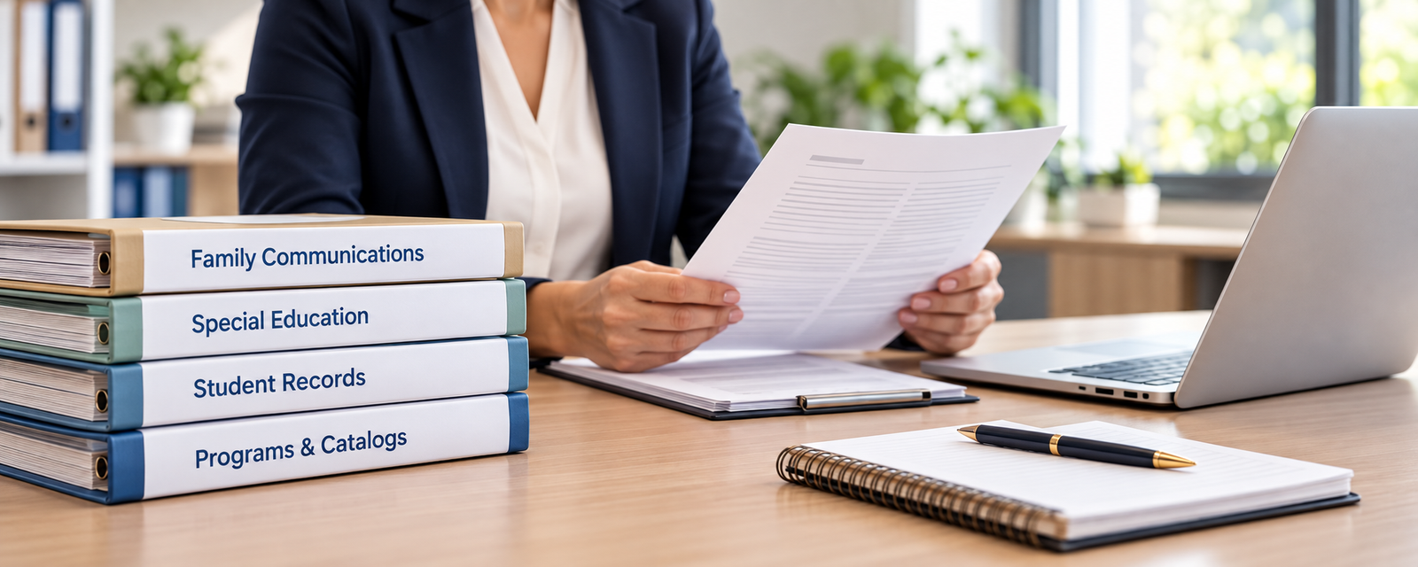 An education professional reviewing translated school documents in an office setting