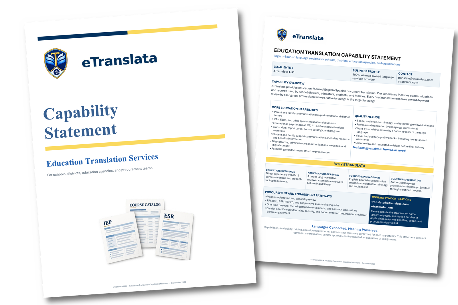 Preview of the eTranslata Education Translation Capability Statement, a two-page PDF document