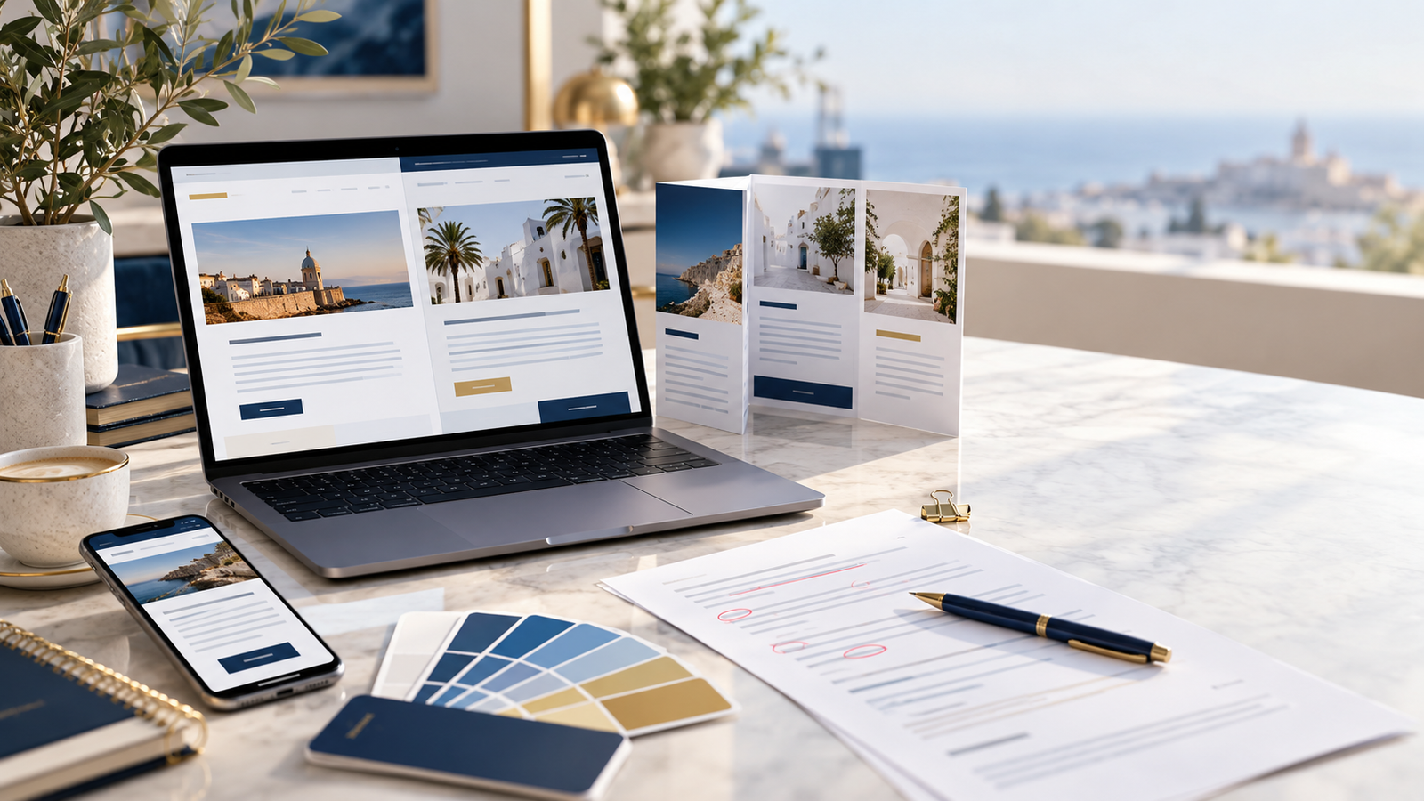A bilingual website, mobile page, brochure, and content proof arranged for professional translation review
