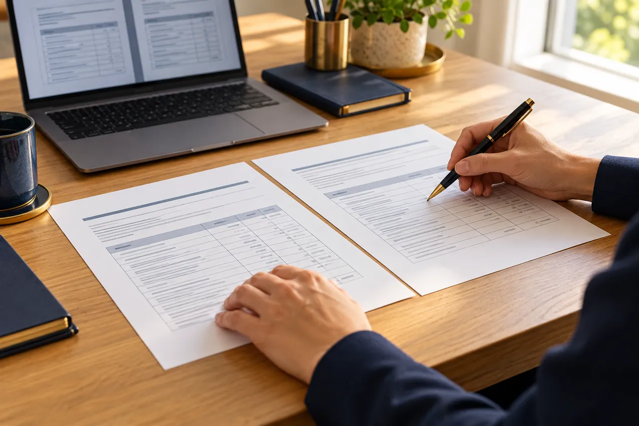 Hands reviewing two documents with corresponding tables beside a laptop.