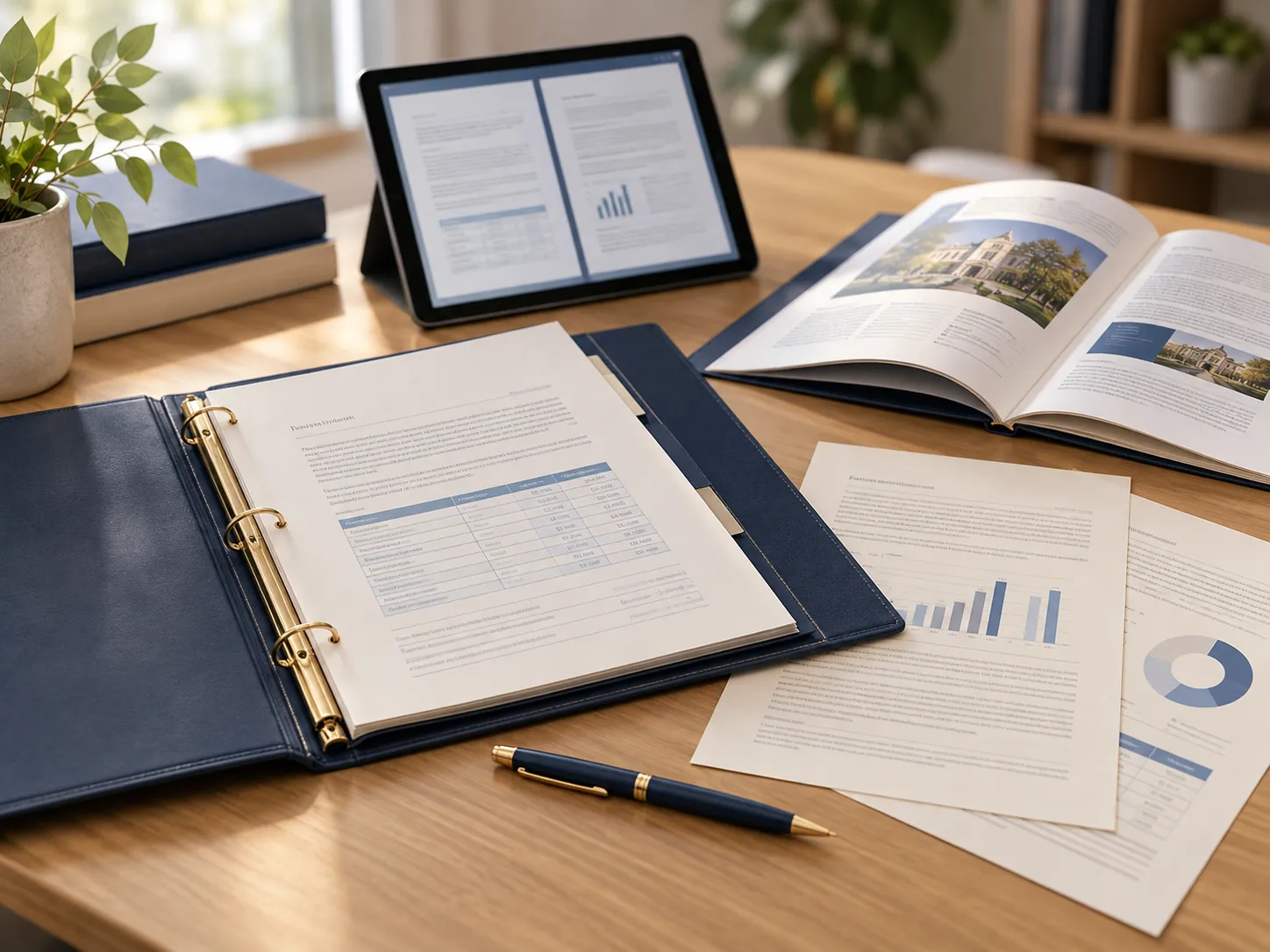 Bound document portfolio, open brochure, and tablet showing translated pages arranged on a desk.